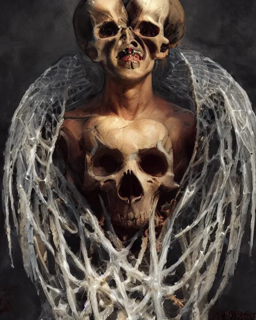 Prompt: an angel with a skull made of meat and webs for the head, by greg manchess, organic painting, dark, bold shapes, by huang guangjian, by greg rutkowski, by satoshi kon, trending on artstation