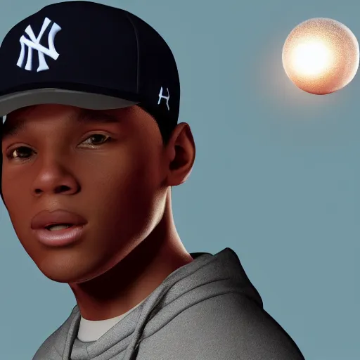 Image similar to black male teen wearing a yankees cap holding a glowing power orb. Trending on Artstation, octane render, ultra detailed, art by Ross tran