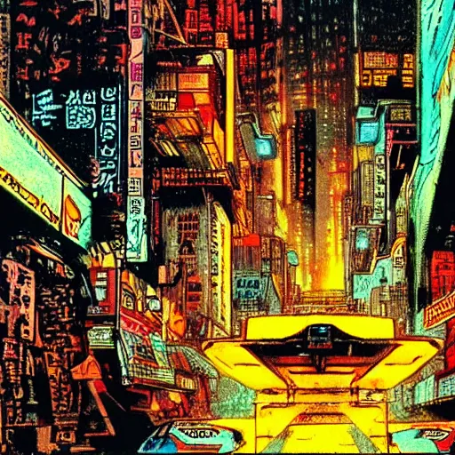 Image similar to blader runner city, weathered drawing, film grain, bright neon lighting, dark pastel colors, drawn by satoshi kon, katsuhiro otomo