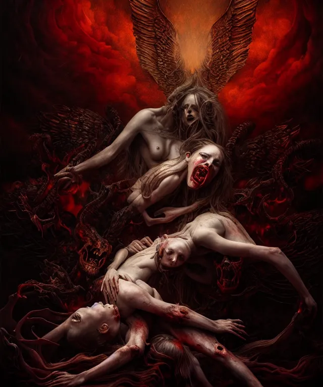 Image similar to epic professional digital art the war between heaven and hell, horrific yet beautiful vibe, evocative, atmospheric lighting, painted, intricate, highly detailed, by leesha hannigan, wayne haag, reyna rochin, ignacio fernandez rios, mark ryden, iris van herpen, artstation, cgsociety, stunning, gorgeous, sharp focus, cinematic, masterpiece