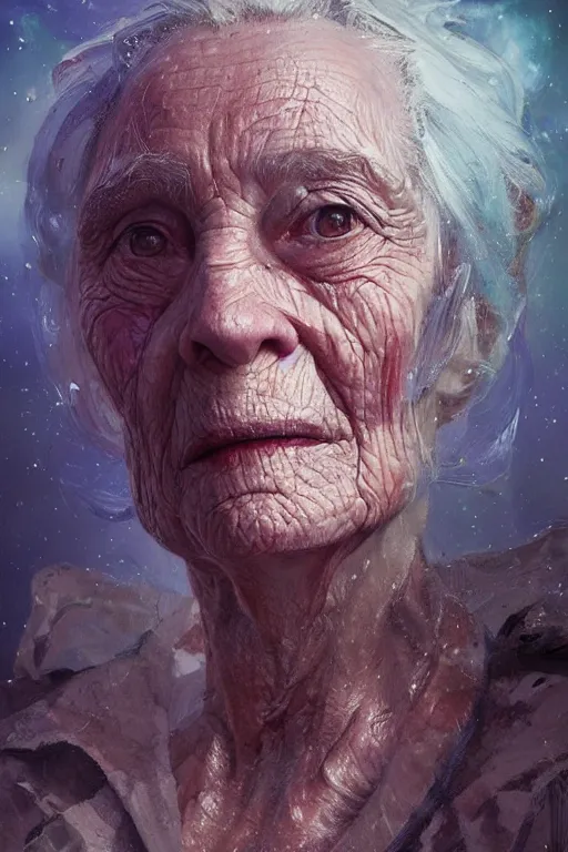 Image similar to the look of an elderly person 4 2 2 4 full of wrinkles and imperfections by artgem and greg rutkowski, highly detailed, high contrast, light reflection, trippy, nebula, trending on artstation