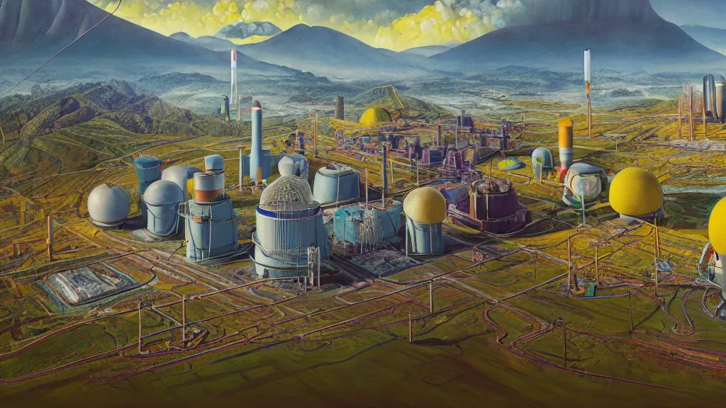 Prompt: Nuclear Breeder Reactors integrated with the town of Quito by Simon Stålenhag and Vincent Callebaut, oil on canvas; Art Direction by Adam Adamowicz; 4K, 8K; Ultra-Realistic Depth Shading