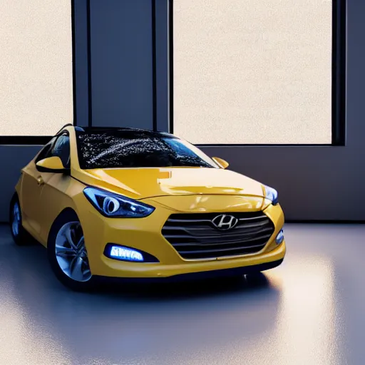 Image similar to close shot of a Hyundai car with cheese wheels on a white garage floor near a window at sunset, 3d render, unreal engine 5, octane render, 4k, low contrast, ray tracing, serene landscape, calm, relaxing, beautiful landscape, highly detailed, high quality, product photo, hyperrealistic, concept art, symmetrical, centered, godrays