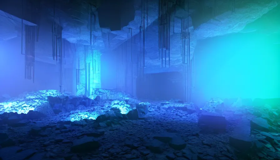 Image similar to Blue Glowing Gemstones in an abandoned old mine, Volumetric Lighting, Anamorpic Lens, Cinematic Lighting, Hyperrealistic Rendering, Hyperdetailed, Intricate Details, Dynamic Lights, Raytracing