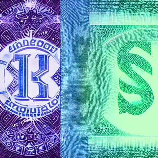 Image similar to a futuristic glowing blue banknote of currency with an alien symbol on the front