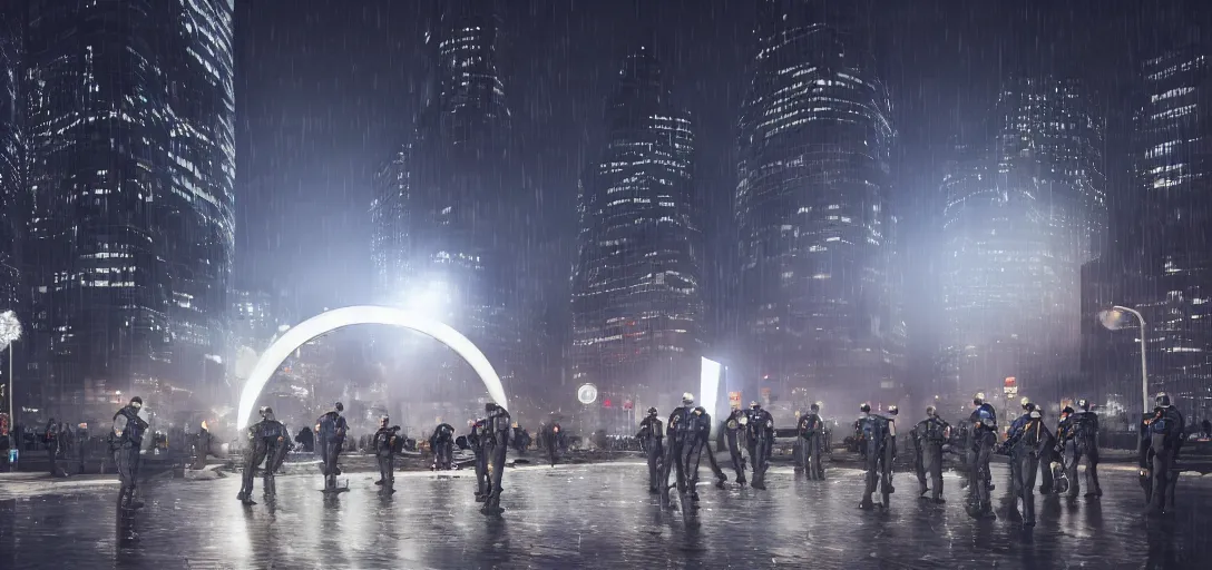 Image similar to policemen protect a huge spiral - shaped luminous object right in the center of the city from protesting crawd, night, rain and light fog, professional lighting, concept art in 3 d, high detail, professional lighting