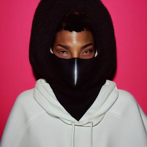 Prompt: realistic photoshooting for a new balenciaga lookbook, dark, color film photography, portrait of a beautiful woman, model is wearing a balaclava mask, in style of tyler mitchell, 3 5 mm,