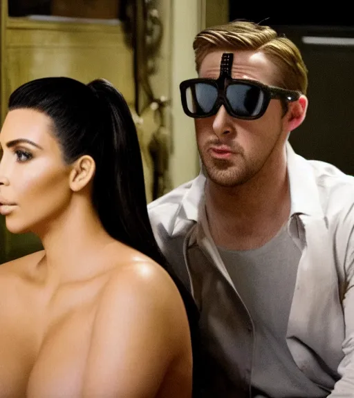 Image similar to a movie still of kim kardashian sitting with ryan gosling in the movie drive