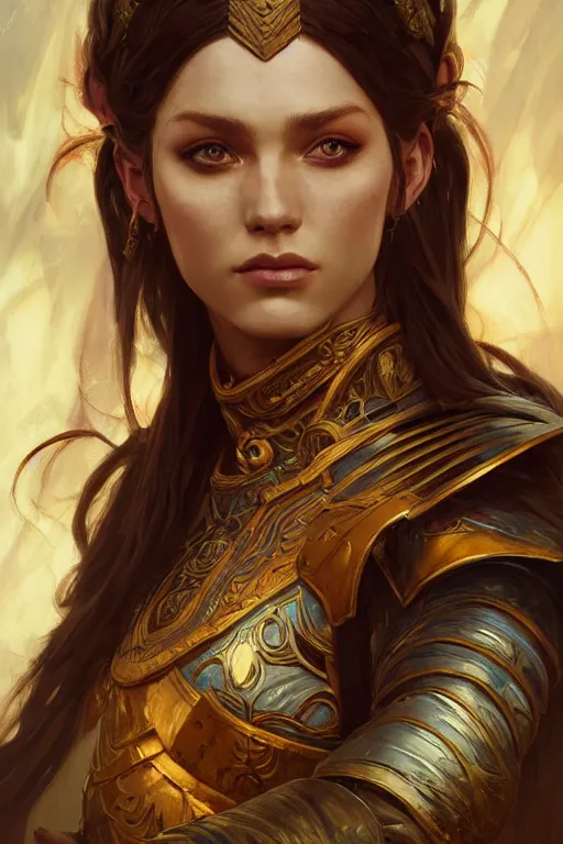 Image similar to portrait of a young beautiful warrior Queen, Warhammer, fantasy, intricate, beautiful eyes, cinematic lighting, highly detailed, digital painting, Artstation, concept art, smooth, sharp focus, illustration, art by Artgerm and Greg Rutkowski and Alphonse Mucha