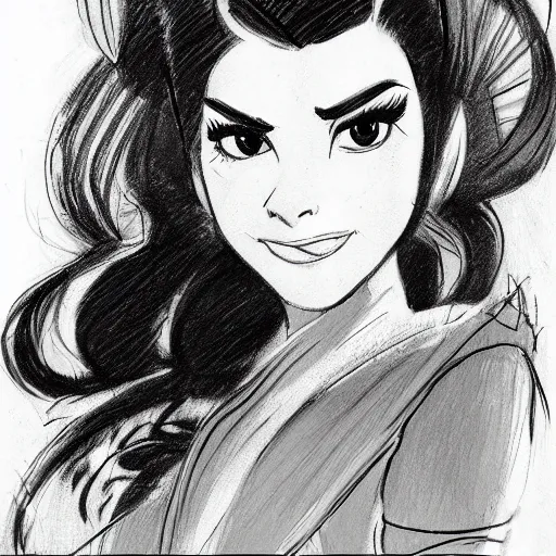 Image similar to milt kahl sketch of victoria justice with done up hair, tendrils covering face and ponytail as princess padme from star wars episode 3