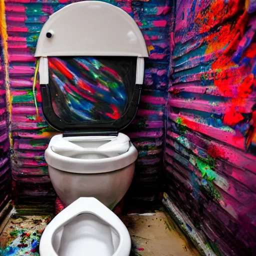 Prompt: photograph of a toilet. the toilet is covered in paint.