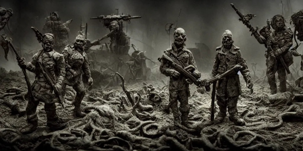 Image similar to the last war, extremely detailed claymation art, extremely realistic, dark, moody, foggy