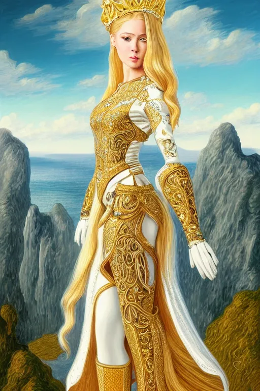 Image similar to portrait of a humanoid princess with long blonde hair, standing next to a beautiful view, ornate white officers outfit with gold embellishments, intricate, elegant, highly detailed, digital painting, artstation, concept art, smooth, sharp focus, illustration, art by van gough, 8 k