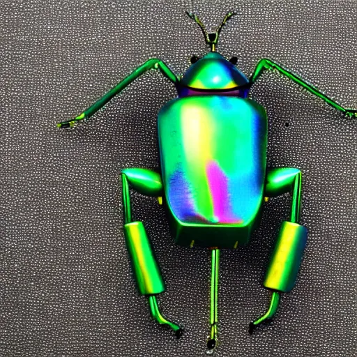 Prompt: iridescent metal robot beetle made out of simple geometric shapes. tilt shift photography. award winning