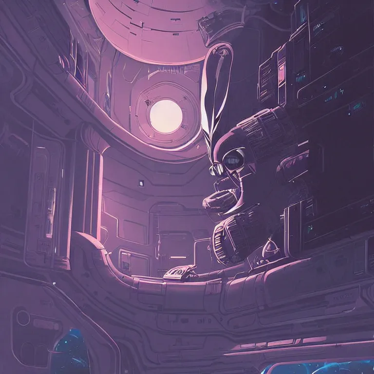 Prompt: A Xenomorph creeping in the shadows of a space station, art by James Gilleard, James Gilleard artwork, vintage