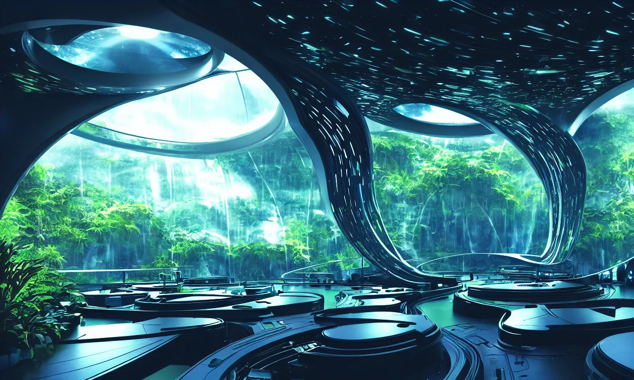 Prompt: paradise inside of a spaceship for humans in deep space, dance club vibes, massive windows showing dark space, natural, plants, water features, waterfalls, 4 k, transcendent, trending on artstation, photorealistic, award winning, hyper detailed, rule of thirds, dramatic, volumetric lighting, octane render