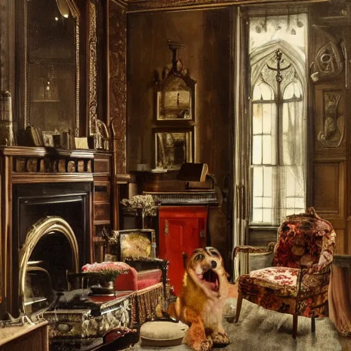 Prompt: a manhattan gothic revival sitting room with an angry dog sitting on an overstuffed chair spilled brandy dripping off a table