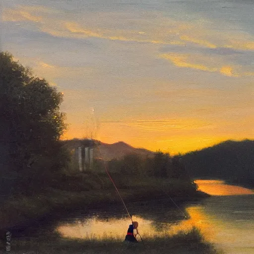 Prompt: a girl fishing at a river, finishing for sturgeon at sunset, oil painting