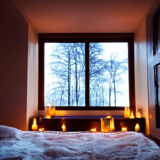 Prompt: detailed wide-angle photograph of candles glowing dim in a cozy looking futuristic bedroom with a window looking out to space