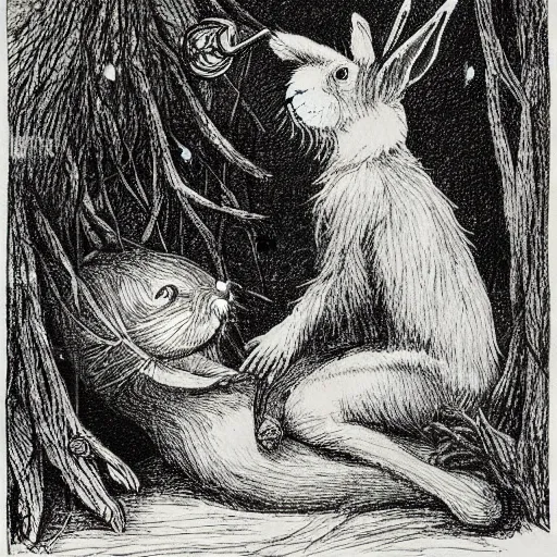 Image similar to a pen and ink drawing of a white rabbit smoking a cigarette while reclining in a deep dark tangled forest, a lingering smoke cloud, childrens book illustration, by edward gorey, by gustav dore