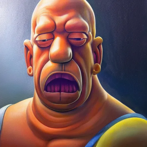 Prompt: An ultra realistic portrait painting of Homer Simpson in the style of Frank Frazetta, 4k, Ultra realistic, Highly Detailed, Dark Fantasy, Epic Lighting