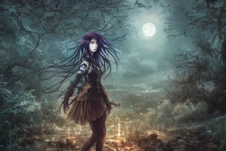 Image similar to goth woman in a moonlight view, in a forest, a river, tankoban, 4 k, tone mapping, akihiko yoshida, james jean andrei riabovitchev marc simonetti, yoshitaka amano, long hair, curly, h. hydrochaeri