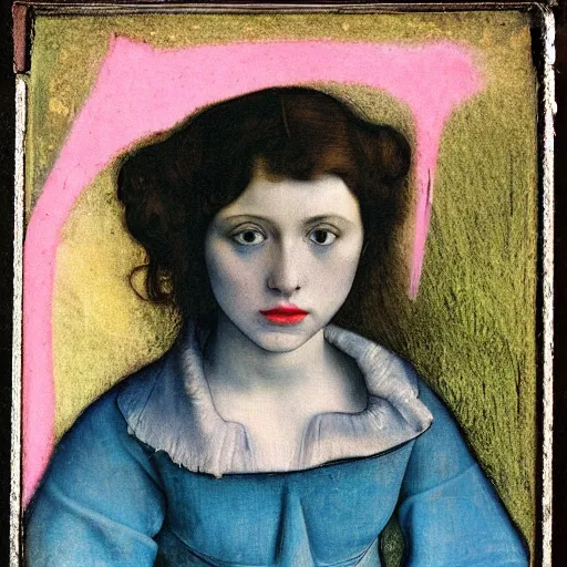 Prompt: a beautiful young lady with huge bright silver eyes, colored vintage daguerreotype by pontormo, by bosch, by Mackintosh, by max ernst, by schiele, contemporary art noveau, highly detailed, strong lights, liminal, eerie, Bright pastel colors