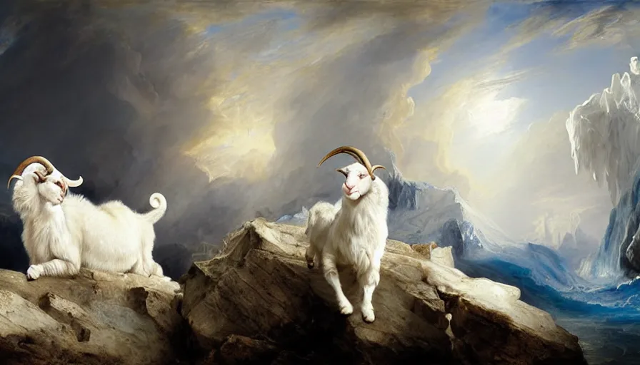 Image similar to highly detailed painting of white giant chimera goat cats with large feathered wings on a blue and white iceberg by william turner, by greg rutkowski, by william constable, thick brush strokes and visible paint layers, 4 k resolution