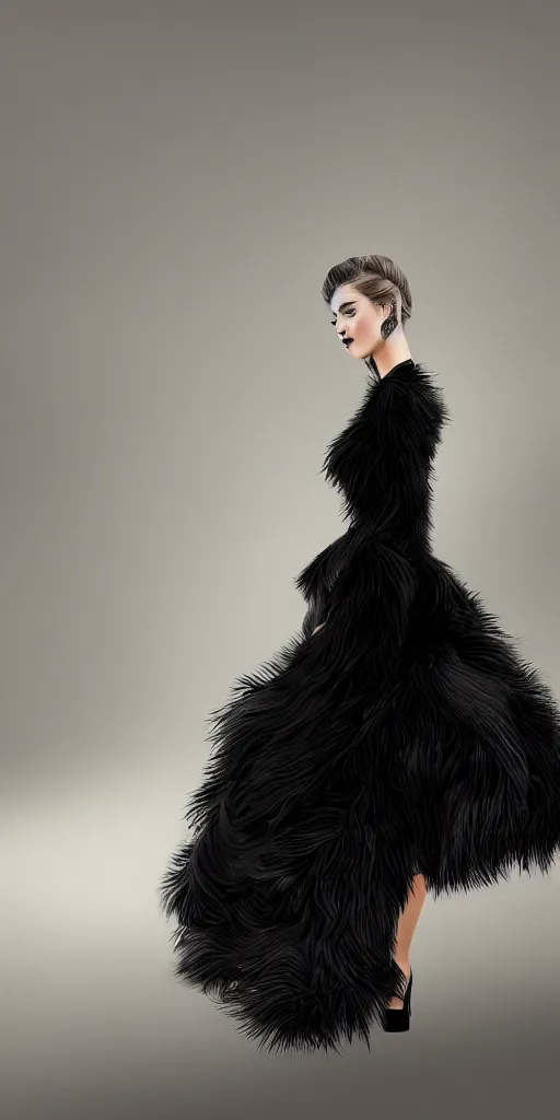 Prompt: full body aesthetic digital illustration of a beautiful young woman walking a runway in a black fur cocktail dress, by wlop and Julia Razumova, realistic, photorealistic, high fashion, octane, deviantArt, trending on artstation, artstation HQ