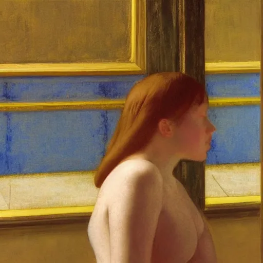 Image similar to close up of a girl in a blue and gold haunted liminal abandoned room, film still by edward hopper, by Pontormo, by klimt, art noveau, highly detailed, strong lights, liminal, eerie, Bright pastel colors