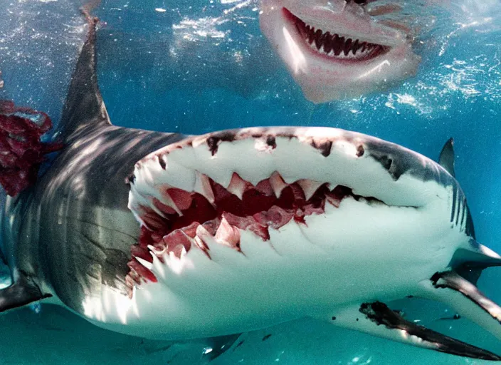 Image similar to underwater photo still of a great white shark eating a charcuterie platter, 8 k