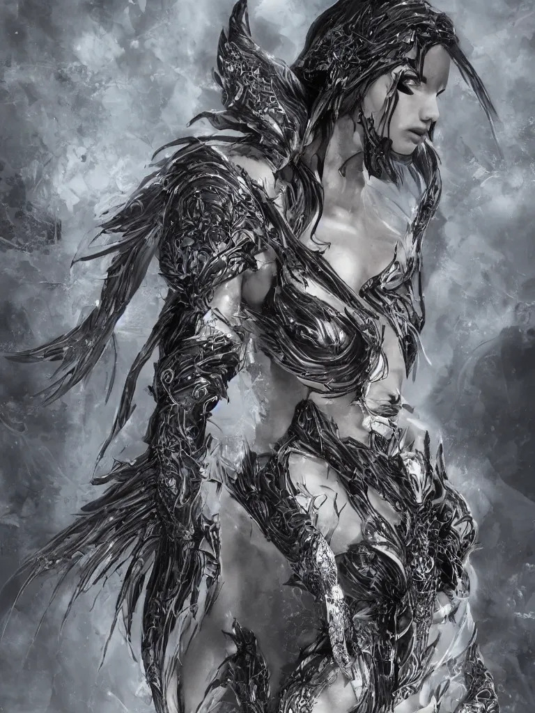 Image similar to 8K render! beautiful Adriana Lima in Skyrim MOD Angel Armor, wings wide opened , whole body heavily covered in elfish tattoos , intricate, elegant, highly detailed, digital painting, artstation, wallpaper!, concept art, smooth, sharp focus, high fantasy illustration, art by artgerm and Vasylina, and Peter Andrew Jones