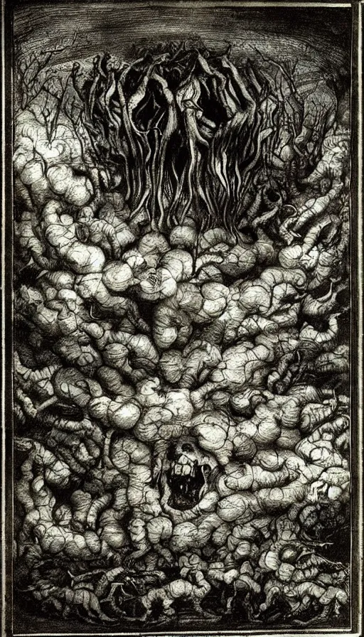Image similar to a storm vortex made of many demonic eyes and teeth over a forest, by leonardo da vinci
