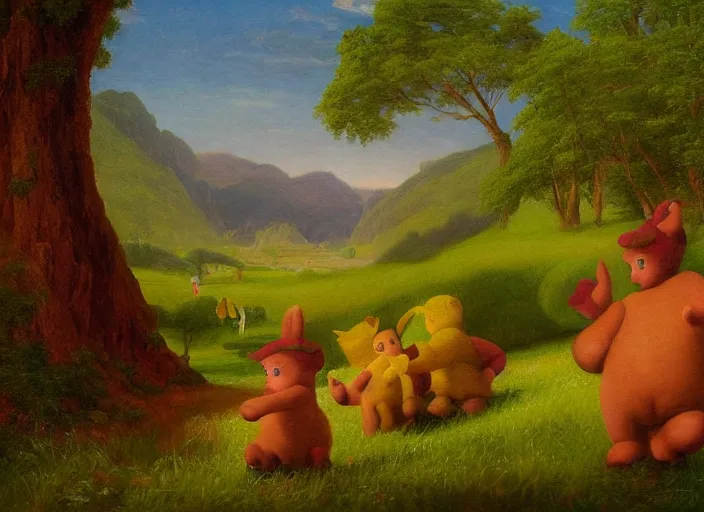 Prompt: american realist romanticism landscape painting of teletubbies in the style of hudson river school and thomas cole and albert bierstadt and robert duncanson