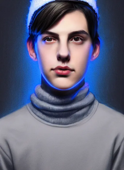 Image similar to portrait of teenage jughead jones wearing a light grey crown, crown, blue turtleneck, closed eyes, photorealistic, black hair, glowing lighting, intricate, elegant, glowing lights, highly detailed, digital painting, artstation, concept art, smooth, sharp focus, illustration, art by wlop, mars ravelo and greg rutkowski