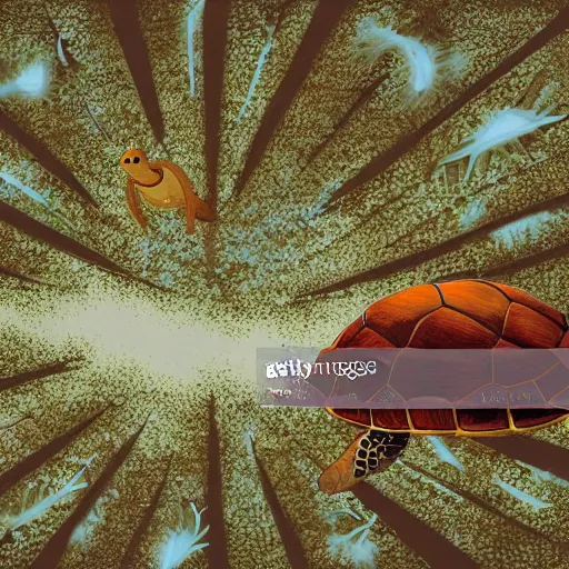 Prompt: a turtle in a winter forest looking up at birds