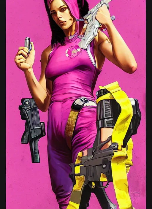 Image similar to beautiful cyberpunk female athlete wearing pink jumpsuit and pointing a yellow belt fed pistol. advertisement for pistol. cyberpunk ad poster by james gurney, azamat khairov, and alphonso mucha. artstationhq. gorgeous face. painting with vivid color, cell shading. buy now! ( rb 6 s, cyberpunk 2 0 7 7 )