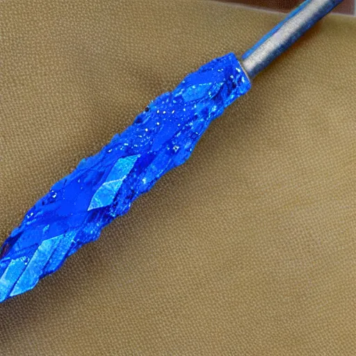 Prompt: a realistic pickaxe made from blue diamonds