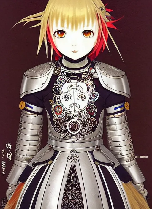 Image similar to takashi murakami, ilya kuvshinov, anime female knight in. ornate armor by, last exile, murata range, fine detail, perfect, dramatic lighting, dynamic composition, art deco, cel shading, vivid, rich texture, alphonse mucha, ( ( ( colorful ) ) ), ( ( ( yoshinari yoh ) ) ),