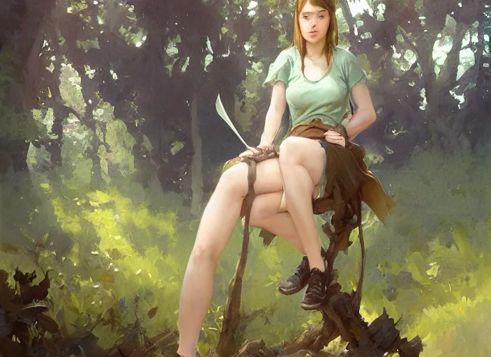 Prompt: a full body portrait of a woman wearing jorts and a tshirt, fantasy forest landscape at day, rule of thirds, digital painting by sargent and leyendecker, fantasy, medium shot, intricate, matte painting, verdant gradient, dynamic lighting, detailed, by greg rutkowski and greg tocchini and james gilleard and joe fenton and greg manchess