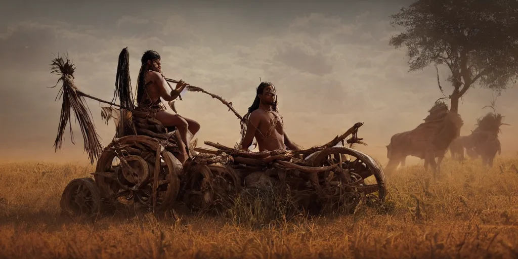 Image similar to photorealistic photo of an ancient indian tribesman on ancient makeshift atv with big wooden puffy wheels, hunting buffalo herd ,attacking, chase, action scene, an epic fantasy, dramatic lighting, cinematic, establishing shot, extremely high detail, photorealistic, cinematic lighting, artstation, octane render, by simon stalenhag, horizon forbidden west,old photo, high speed photography, vintage,