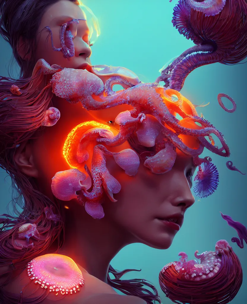 Prompt: goddess close - up portrait, ram skull, squid phoenix jellyfish, orchid, betta fish, bioluminiscent, intricate artwork by tooth wu and wlop and beeple. octane render, trending on artstation, greg rutkowski very coherent symmetrical artwork. cinematic, hyper realism, high detail, octane render, 8 k