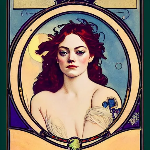 Image similar to emma stone portrait by louis - theophile hingre and alphonse mucha, hyperrealistic, sharp focus, zodiac signs, tarot cards, planets, ethereal, art nouveau, magic, moon, sun, crown, dreamy