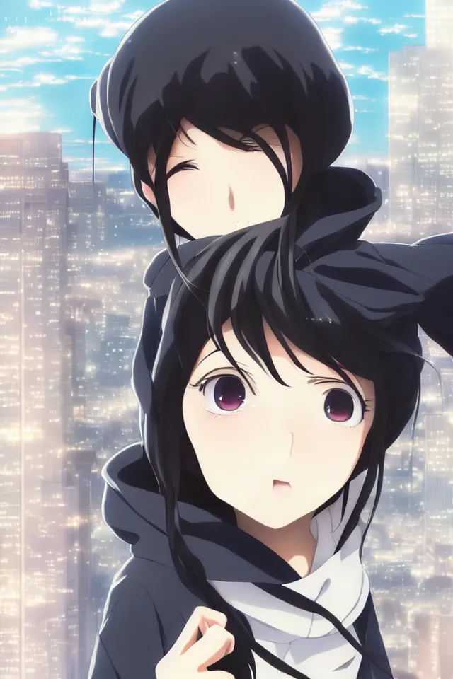 Image similar to anime visual, portrait of a young black haired girl wearing hoodie sightseeing above the city, guardrail, cute face by yoh yoshinari, katsura masakazu, dramatic lighting, dynamic pose, dynamic perspective, strong silhouette, ilya kuvshinov, anime cels, rounded eyes, moody