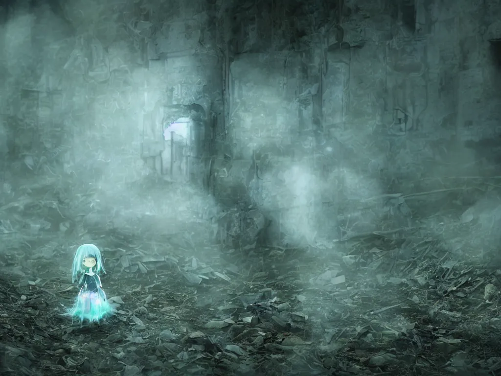 Image similar to cute fumo plush girl ghost lingering in a mysterious concrete organic ruin, technicolor horror, chibi gothic maiden in tattered rags, glowing wisps of hazy green smoke and eerie blue volumetric fog swirling about, lens flare, vray