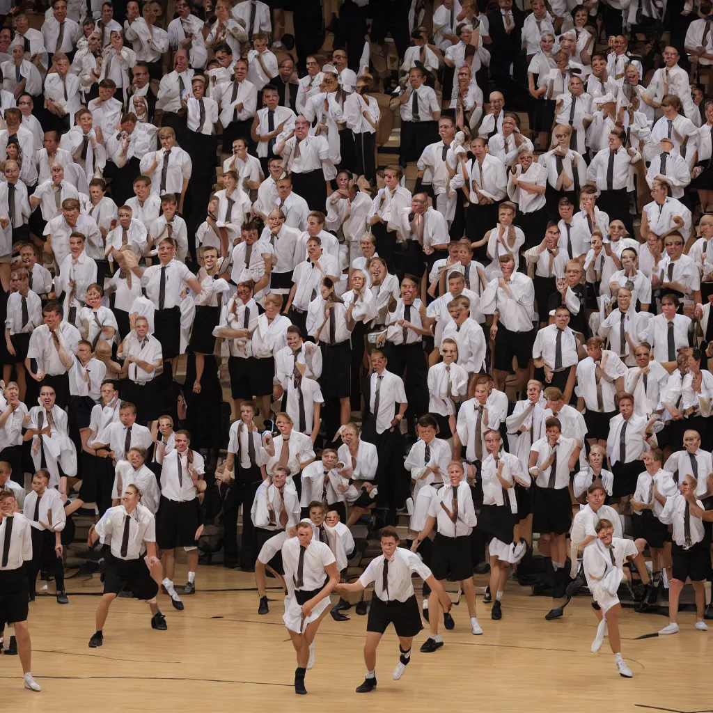 Prompt: mormon missionaries wearing ties play basketball like it's ballet, 25mm f/1.8 Pulitzer-winning photography