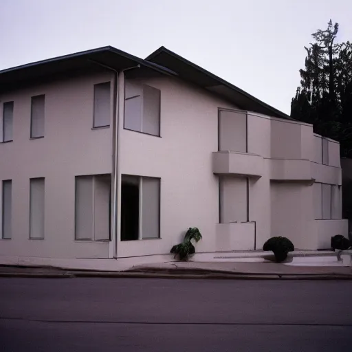 Prompt: Exterior of house designed by David Lynch. Photographed with Leica Summilux-M 24 mm lens, ISO 100, f/8, Portra 400