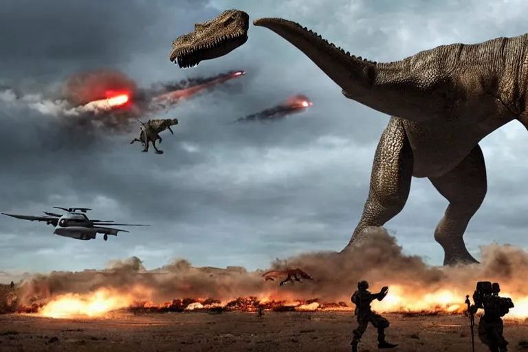 Prompt: the us military attacking an enormous dinosaur, dramatic angle