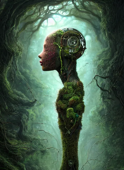 Prompt: Portrait of an Ancient Robot with a tree growing out of her head, patches of moss, translucent leaves, extremly detailed digital painting, in the style of Tomasz Alen Kopera and Fenghua Zhong and Peter Mohrbacher, mystical colors, rim light, beautiful lighting, 8k, stunning scene, raytracing, octane, trending on artstation