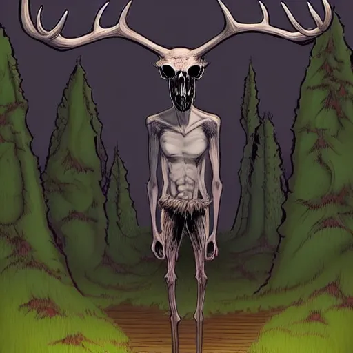 Image similar to rafeal albuquerque comic art : : wendigo monster with deer skull face, antlers, furry body, tall and lanky : : walking through the forest : : night time : : spooky, scary, fog